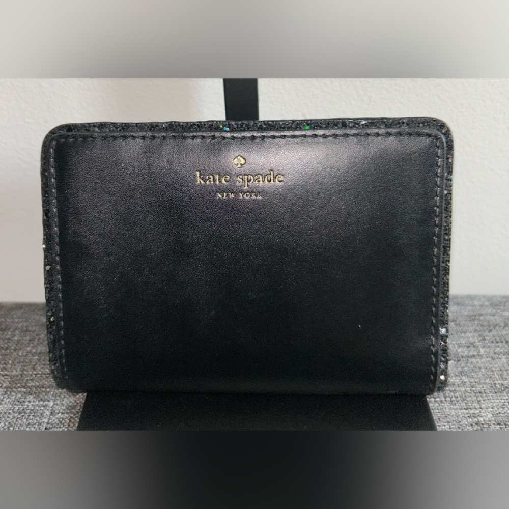 Kate Spade ♠️ Black Leather Wallet w/ Glitter Border Detail, EUC